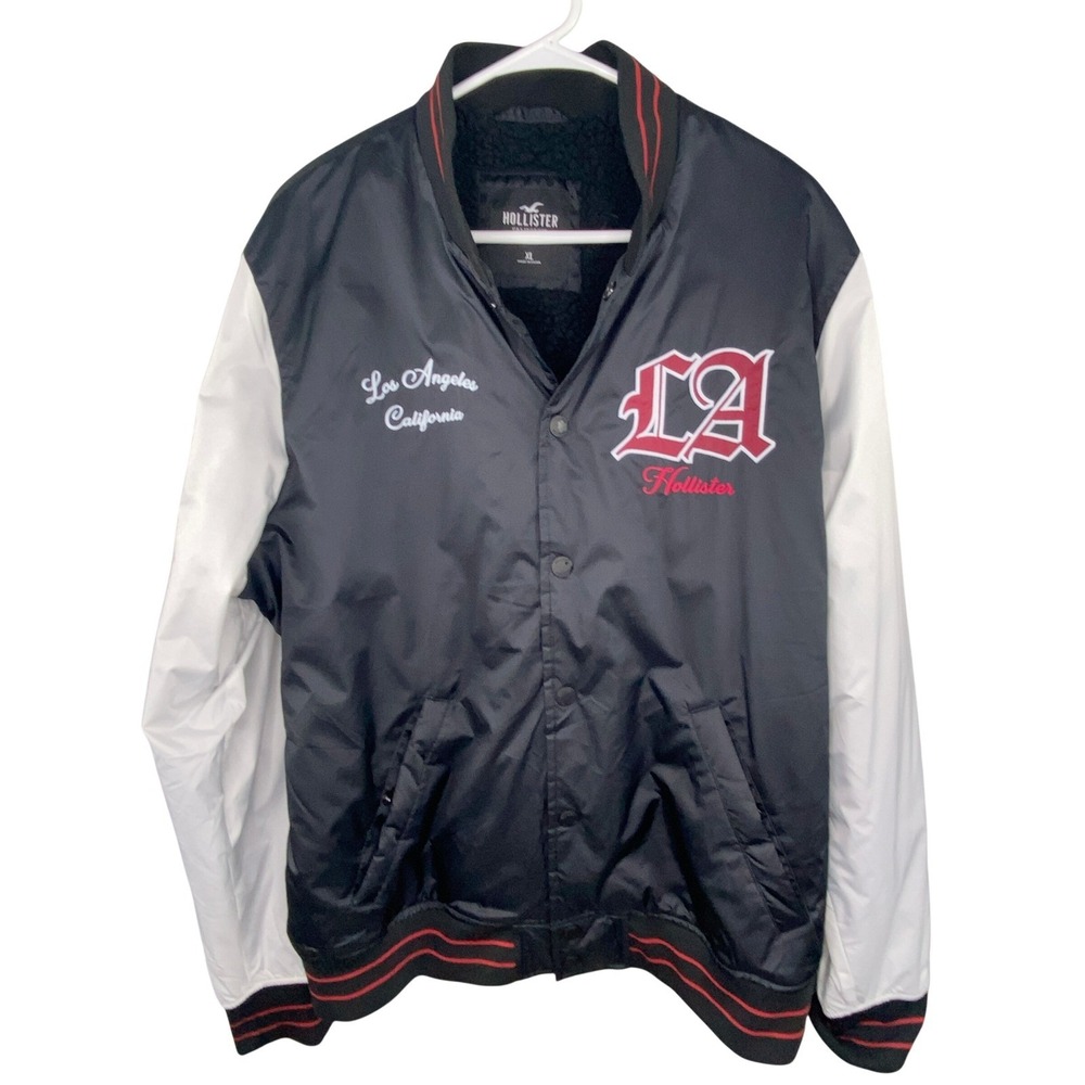 Hollister Varsity Bomber Jacket Mens XL Black White LA Rose Fleece Lined Varsity